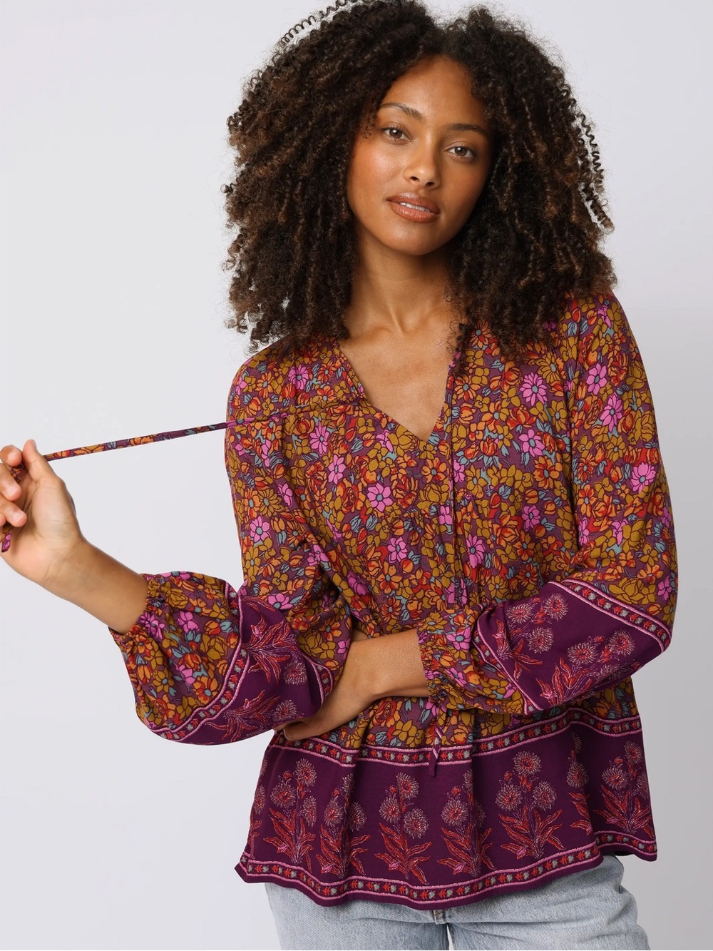Natural Life Rowan Top Boho Floral Peasant Blouse Plum Lush Lillies Purple Large